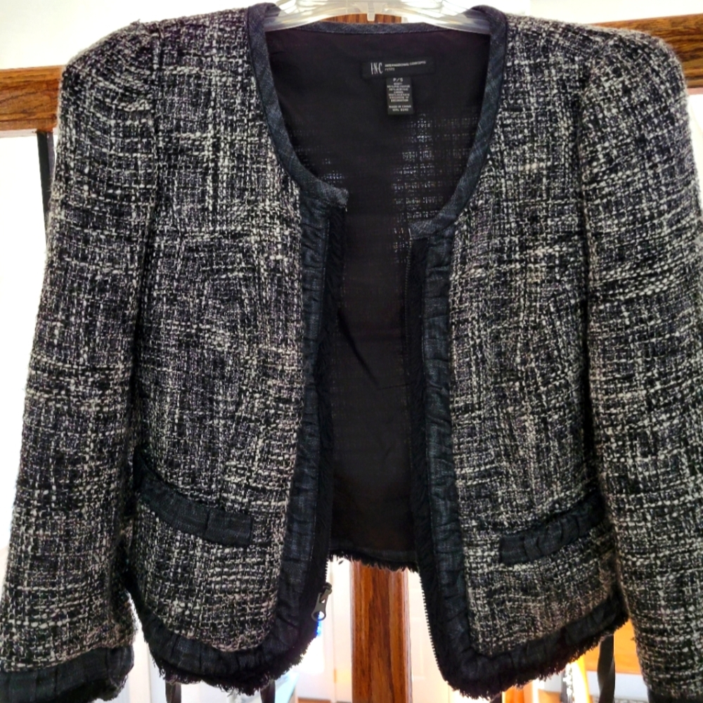 Fun denim and tweed jacket,  blue, black, cream,  size ps